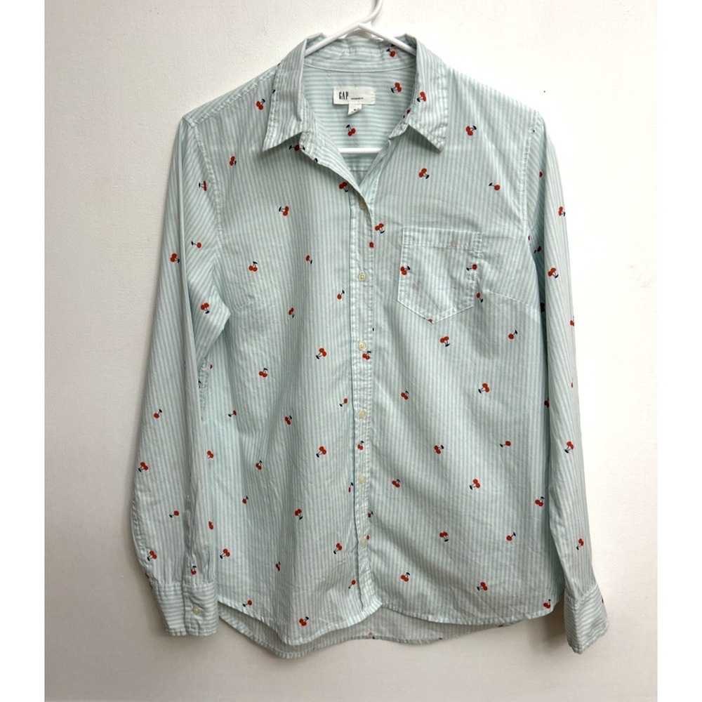 Gap Blouse Women's M Cherries & Blue White Stripe Cotton Boyfriend